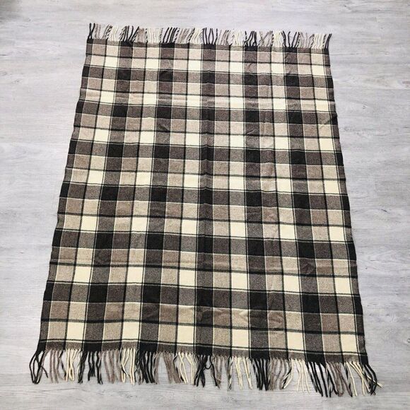 Vintage Pendleton Throw Wool Blanket Plaid With Fringes Brown  70"  X  53" - Picture 3 of 9